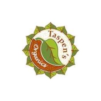 Taspen's Organics logo with leaf design.