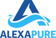 AlexaPure logo with blue wave design.