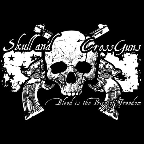 Skull with crossed guns and text design.