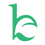Green stylized "be" logo on black background.