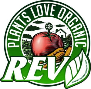 Plants love organic logo with vegetables.