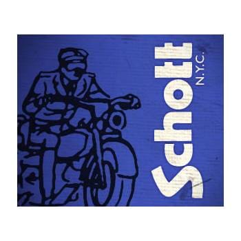 Motorcyclist illustration with Schott NYC logo.